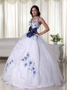 White Halter Ball Gown Appliques Blue Bowknot Quinceanera Dress