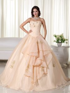 Champagne Embroidery Organza Quinceanera Dresses with Bowknot