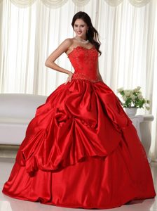 Embroidery Hand Flowers Red Pick-ups Taffeta Quinceanera Dresses