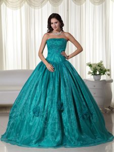 Beading Flowers Appliques Turquoise Sweet 16 Quinceanera Dress