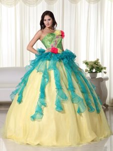 Hand Made Flowers Beading Colorful Organza Quinceanera Dresses