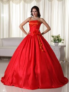 Red Ruched Taffeta Quinceanera Dresses with Hand Made Flowers