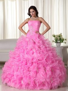 Ruffled Ruching Rose Pink Organza Appliques Quinceanera Dresses