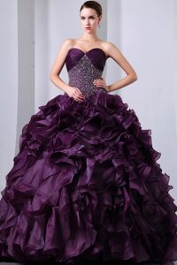 Ruffled Beading Purple Organza Quinceanera Dress with Brush Train