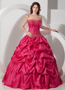 Hot Pink Strapless Pick-ups Taffeta Lace Up Back Quinceaneras Dresses