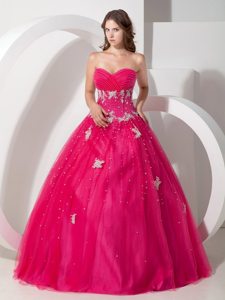 Appliques Sweetheart Beading Coral Red Tulle Dresses For Quinceaneras