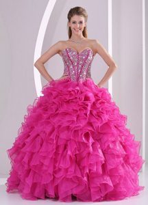 Beading Sweetheart Ruffles Fuchsia Back Out Quinceanera Gown Dresses