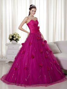 Sweetheart Ruches Hand Made Flowers Tulle and Taffeta Dresses For a Quince