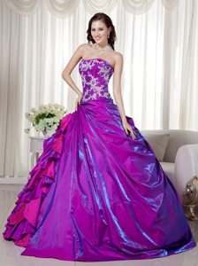 Strapless Appliques Ruffled Floor-length Purple Taffeta Quinceanera Gowns