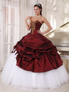 Burgundy Sweetheart Appliques Pick Ups Taffeta and Tulle Sweet 16 Dresses