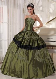 Beading Strapless Appliques Lace Up Back Taffeta Olive Quinceanera Dress