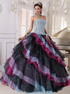 Colorful Appliques Beading Strapless Layers Organza Dresses For a Quince