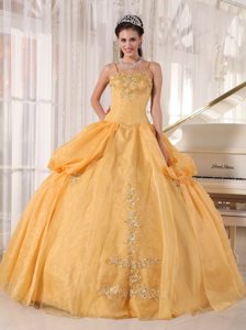 Straps Appliques Pick Ups Taffeta and Organza Gold Quinceanera Dresses