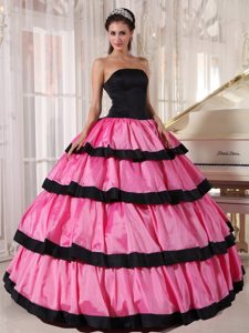 Black and Pink Layers Strapless Floor-length Taffeta Sweet Sixteen Dresses
