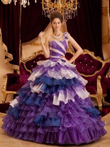 One Shoulder Colorful Beaded Handmade Flowers Ruffles Layer Sweet 16 Dress