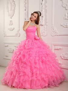 Rose Pink Sweetheart Beading Handmade Flowers Organza Quinceanera Dress