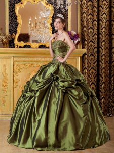 Appliques Strapless Pick Ups Floor-length Olive Green Taffeta Sweet 15 Gowns
