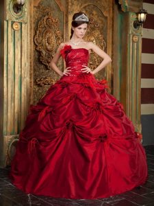 Red Hand Made Flowers Beading Strapless Pick Ups Taffeta Quinceanera Dress