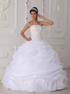 Lace Strapless Floor-length Pick Ups Organza White Dresses For Quinceanera