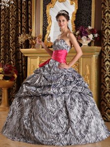 Zebra Fabric Sweetheart Pick Ups Red Sash Sweet Sixteen Quinceanera Dress