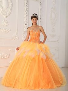 Sweetheart Beading Ruffled Orange Tulle Lace Up Back Quinceanera Dresses