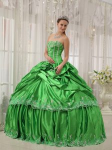 Taffeta Strapless Beading Applique Pick Ups Spring Green Quinceanera Dress