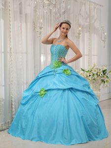 Strapless Hand Made Flowers Beading Baby Blue Taffeta Dresses For a Quince