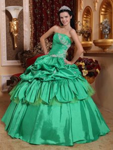 Appliques Strapless Pick Ups Taffeta Ruched Spring Green Quinceaneras Dress