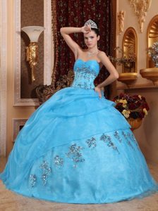 Ruched Bust Sweetheart Beading Aqua Blue Layered Organza Quince Dresses