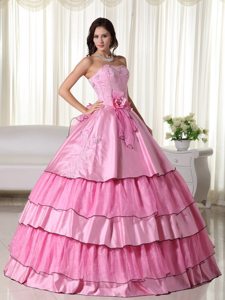 Layers Beading Strapless Handmade Flowers Rose Pink Quinceanera Dresses
