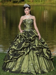 Olive Green Ruched Strapless Appliques Pick Ups Dresses For a Quinceanera