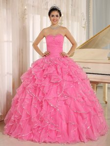 Beaded Ruffles Rose Pink Ruched Lace Up Back Quinceanera Gown Dress