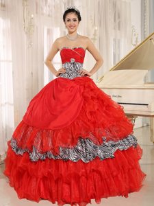 Coral Red Ruffles Sweetheart Beading Zebra Print Quinceaneras Dresses
