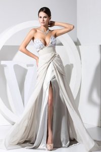 Sexy Grey V-neck Prom Dress with High Slit and Hand Made Flowers