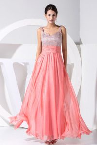 Beading Bodice and Straps Prom Dress in Watermelon Red with Sash