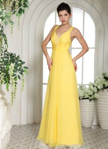 Bright Yellow Straps Chiffon Prom Dress With Appliques and Ruching