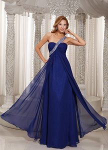 Navy Blue One Shoulder Empire Prom Dress With Ruching and Beading