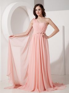 Watteau Train Appliques One Shoulder Baby Pink Chiffon Prom Dresses