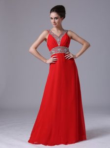 V-neck Beaded Decorate Shoulder and Waist Empire Red Prom Dress