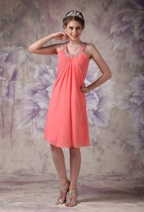 Scoop Neck Beading Knee-length Chiffon Watermelon Senior Prom Dress