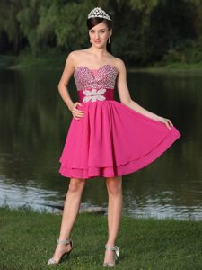Beaded Sweetheart Appliques Hot Pink Layered Chiffon Prom Pageant Dress