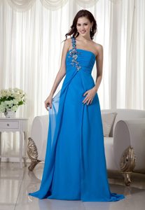 Blue Appliques Empire One Shoulder Brush Train Chiffon Prom Gown