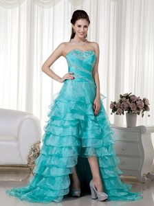A-line Sweetheart Brush Train Turquoise Organza Beading Prom Dress