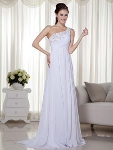 Column One Shoulder Brush Train Beading and Ruching White Prom Dress