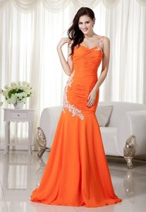 One Shoulder Orange Mermaid Chiffon Appliques and Ruche Prom Dress