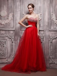 Amazing Red A-Line Sweetheart Brush Train Beading Prom Dress