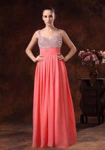 Straps Beading Ruched Watermelon Chiffon Long Prom Evening Dress