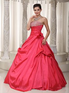 Floor-length Coral Red A-line Strapless Taffeta Beading Prom Dress