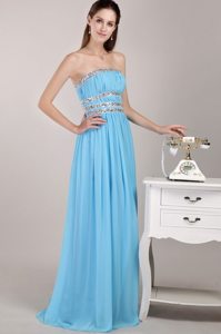 Aqua Blue Empire Strapless Chiffon Beading Prom Dress Floor-length