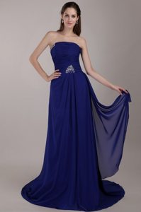 Strapless Peacock Blue Empire Prom Dress Court Train Chiffon Sequins